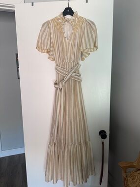 Striped Cream & Tan Maxi Dress with Tie Waist